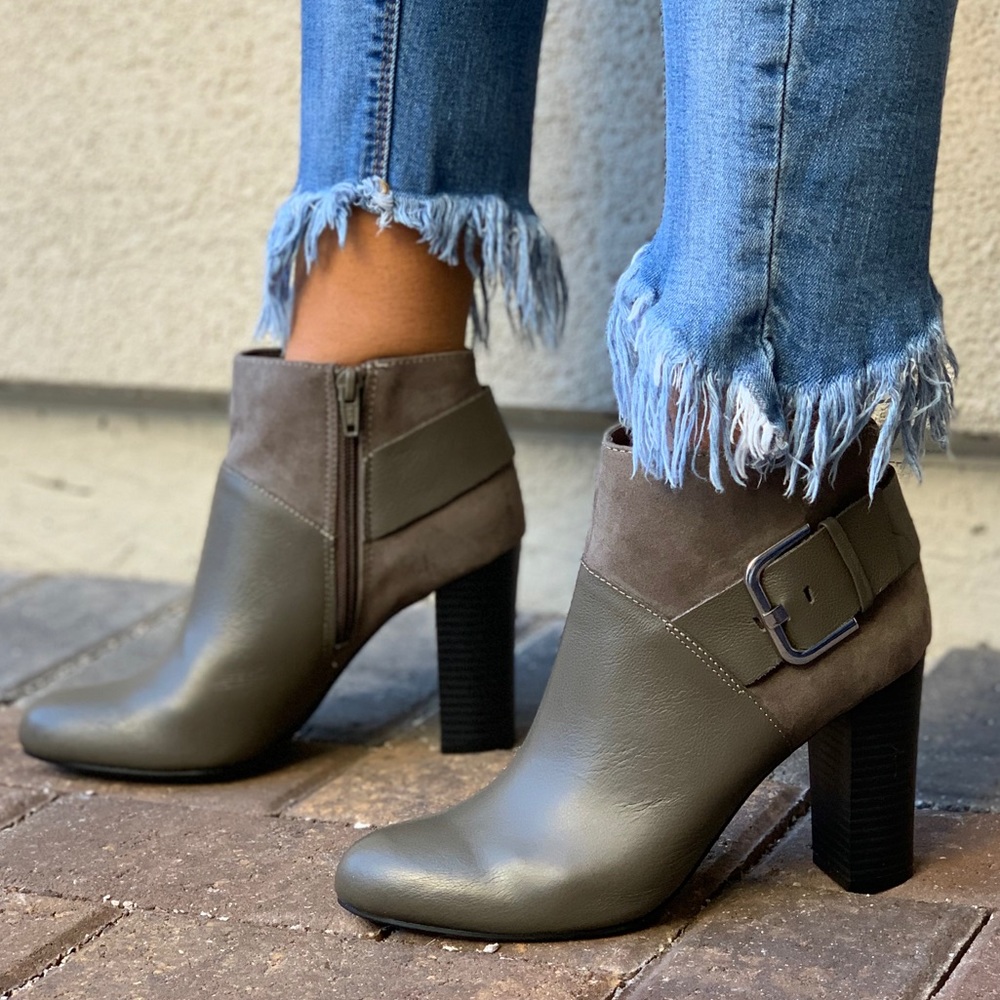 Olive Distressed Leather Chunky Heel Ankle Booties - Picture 1 of 8